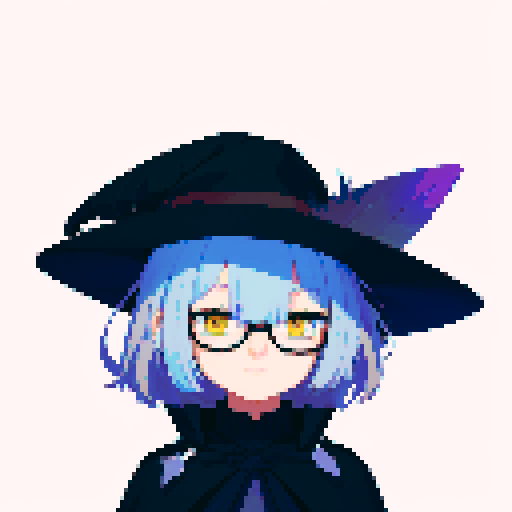 male, symmetrical face, closed mouth, yellow eyes, hair between eyes, solo male, straight-on, facing viewer, light blue hair, bob cut, white pupils, tsurime, pepekekeko, long bangs, flowing sleeves, capelet, perfect anatomy, blunt bangs, intricate details, witch hat, feather, glasses, pixel art, sRGB