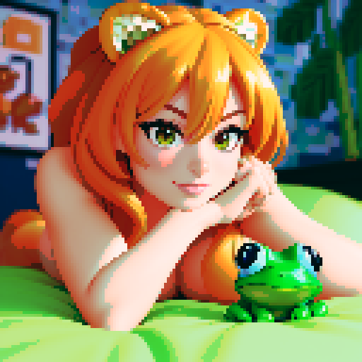 A sexy hot body woman laying on top of a bed next to a cute frog with a frog head and a lion body, framed in a pixel art style with a cinematic goddess body shot and an anime lush John 8k woods backdrop, creating frog themed patreon content, all captured with a sRGB color profile at f/8