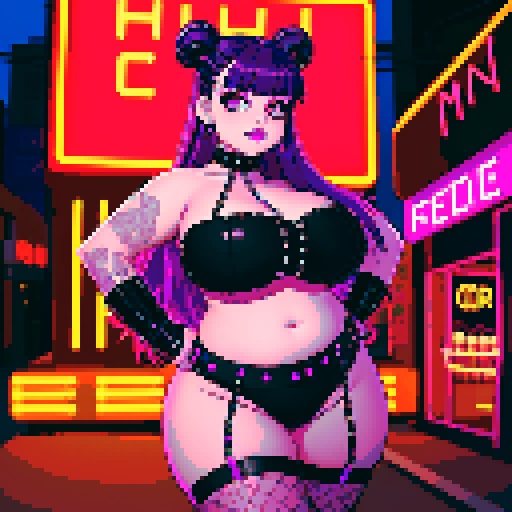 Thicc, curvy, busty goth babe with studded collar, long purple hair in buns, fishnet stockings, studded halter top, posing for photo. neon signage, pixel art, sRGB. 4:5 ratio