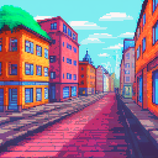 Stockholm's quaint old street, cobblestones glinting in the sun, lined with colorful buildings and towering trees, all framed by a vast blue sky in pixel art style against an sRGB background