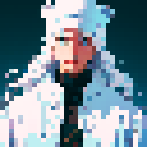 White hair, young man, bear skull hat, sRGB, pixel art
