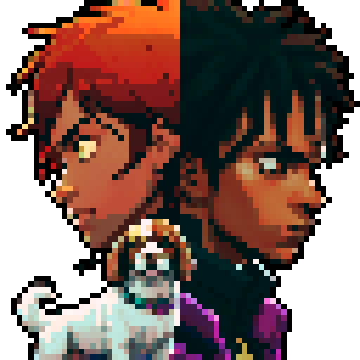 Black Cyberpunk hero, with two dog companions that fight with him one a springer spaniel, and one tri-color Australian shepherd