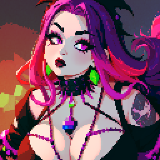 Plus size busty goth girl, with long purple hair, eyeliner, red lipstick. wearing a spiked collar. Posing for a portrait. vibrant sRGB colors, pixel art, edgy aesthetic