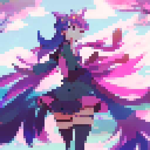 Spirit Blossom Ahri gracefully dances in a serene, mystical forest, surrounded by vividly colored cherry blossom petals and enchanted fireflies, her long flowing tails trailing behind her, all brought to life in a stunning anime style.