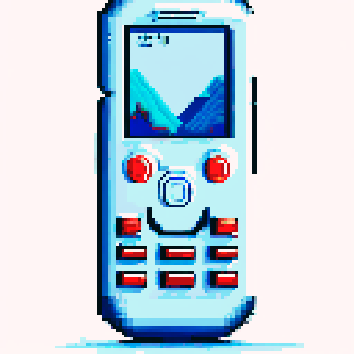 Nokia 3310 front view in a retro sRGB pixel art style with a vibrant blue background and a serene landscape