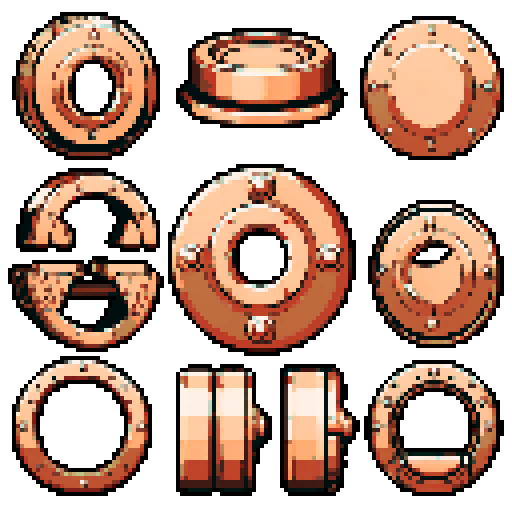 I want one wide circular copper mounting piece. It should have a large flat space on top to connect something. I want this object usable an asset in a videogame, meaning only one object per image, outlined with a strong black stroke, on a solid-color background.