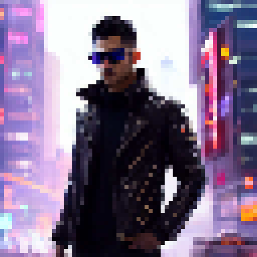 Neo, surrounded by towering skyscrapers, stands stoically as rain cascades down his leather coat and the neon lights of the city reflect in his mirrored sunglasses, while a glitching digital world swirls in the background, rendered in a cyberpunk art style.