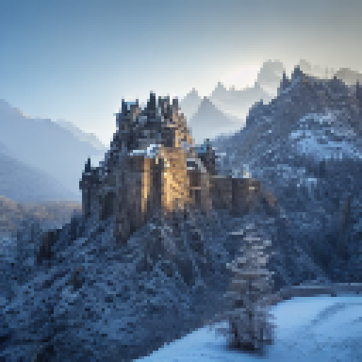 A castle embedded in a mountain, winter, dragons
