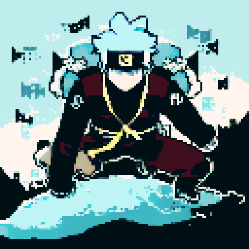 Hatake Kakashi with a black cat with yellow eyes in between towering, snowy mountains