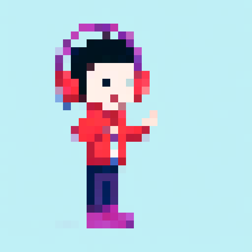 Chibi boy with rosy cheeks, wearing large headphones and a huge puffy jacket, looking from a highly detailed first person point of view, indie game style avatar