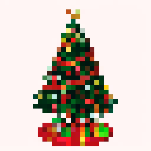 Christmas tree with vibrant green branches, colorful ornaments, and a shining star topper, surrounded by snow-covered ground and adorned with festive red and gold ribbons, twinkling fairy lights, pixelated presents underneath, a 32x32 video game badge, all outlined in bold black and brought to life with a pixel art style using the sRGB color palette