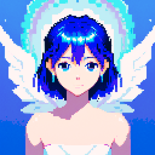 
Beautiful, ethereal angel with shimmering wings and flowing, liquid-like chrome body, rendered in minimalist pixel art with vibrant, dazzling sRGB colors