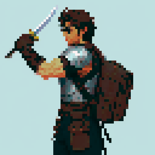 male, athletic and muscular messy hair in shades of brown wearing light armor that offers some protection his outfit is dark with occasional color highlights, and he carries a visible sword in a sheath, along with a small, rugged leather backpack with a single strap across his chest rendered in a 64x64 pixel full body sideview style