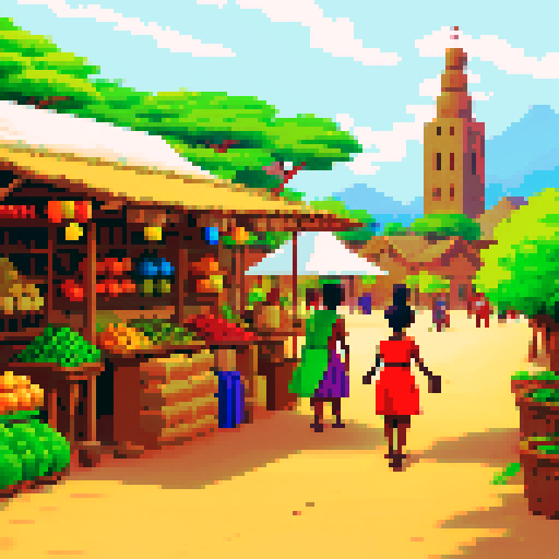 African market view with a village background