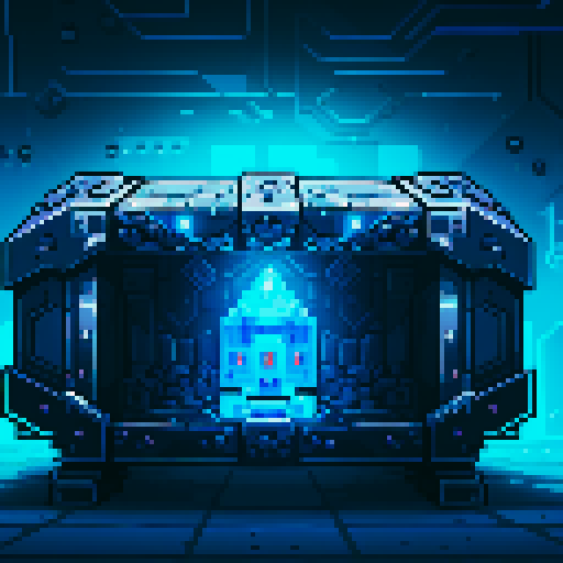 mystery box, stone, metall, shiny, pixel art, sRGB, vibrant colors, glowing lights, intricate patterns
