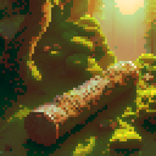 wooden log with gnarled branches, vibrant green leaves, dappled sunlight filtering through, moss-covered bark, intricate wood grain, intricate pixelated details