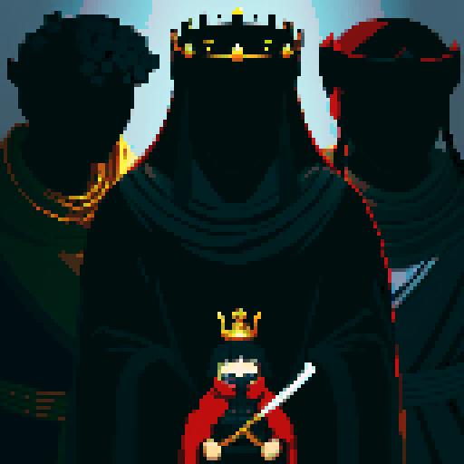 three men, king and his retinue, crown, light at the kind, dark place, king with sword, cant see eyes, eyes darken