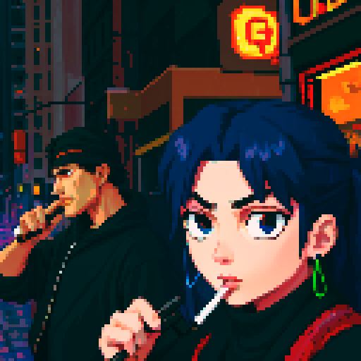 Girl on the right smoking a cigarette, guy on the left holding a gun with a black bandanna around half his face, gritty, rainy, nighttime, downtown