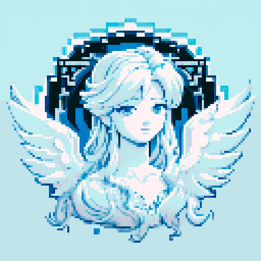 Beautiful ethereal angel with chrome wings, flowing hair, and a serene expression, rendered in pixel art with crisp, defined lines and a vibrant sRGB color palette. clearly defined facial features