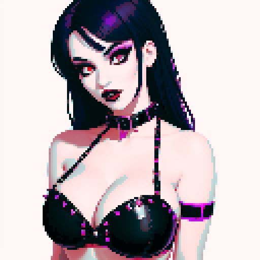 busty goth girl, with purple hair, black eyeshadow and red lipstick. wearing bikini and studded collar, seductive photo, vibrant srgb colors, edgy aesthetic