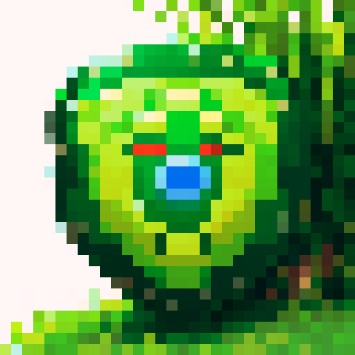 shield made of vibrant green grass, resembling an enchanting amulet, designed as an iconic symbol for inventory, crafted in intricate pixel art using the sRGB color space