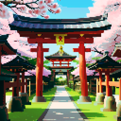 shinto shrine, vibrant colors, diamond torii gate, cherry blossom trees, lanterns glowing, traditional architecture, intricate details, pixel art, sRGB
