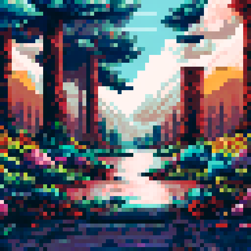 misty mountains with a bright pink sunrise, reflected in a serene lake surrounded by tall pine trees and a cozy cabin in the middle of the forest