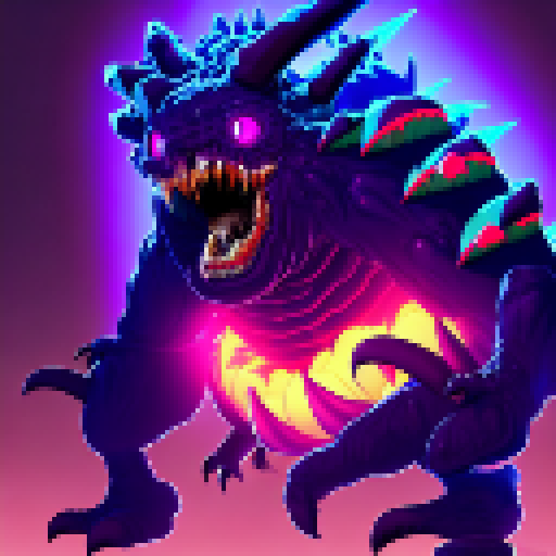  a massive, grotesque creature covered in oozing, pulsating tumors that exude toxic fumes. Its body resembles a nightmarish fusion of multiple animals, with mismatched limbs, twisted horns, and a misshapen head with glowing purple eyes. Its thick hide is almost impervious to physical attacks, and its movements are erratic and unpredictable. Its multiple legs end in razor-sharp claws that can rend through solid rock, and its massive, bulbous abdomen houses a gaping maw lined with rows of serrated
