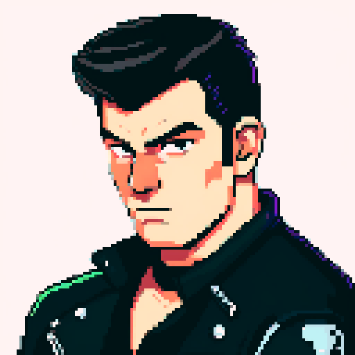 Muscular, tough greaser man with a pompadour hairstyle, wearing a motorcycle jacket, pixel art, sRGB colors, portrait, face avatar