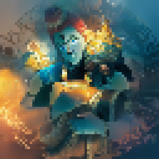 Massive, golden deity towering over an ethereal, misty landscape, adorned with intricate symbols and surrounded by celestial beings.