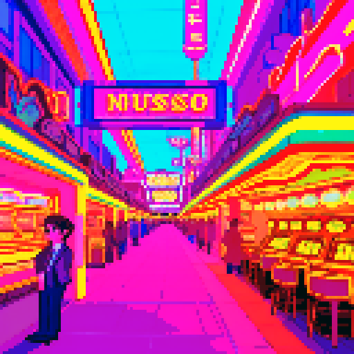 Neon-lit casino street, bustling with pixelated characters, vibrant sRGB colors illuminating the background landscape