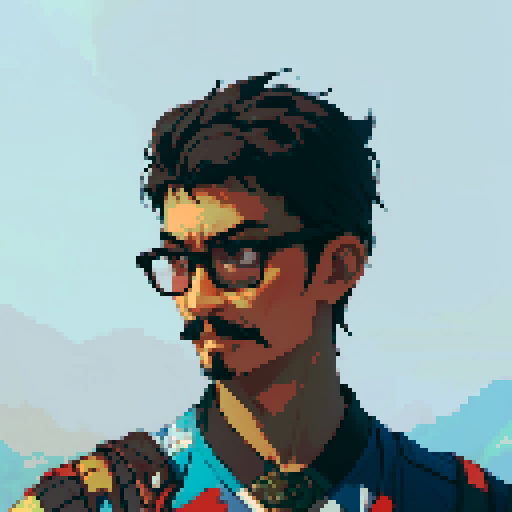 Southeast Asian man, short curly hair, round glasses, tanned, goatee, no mustache