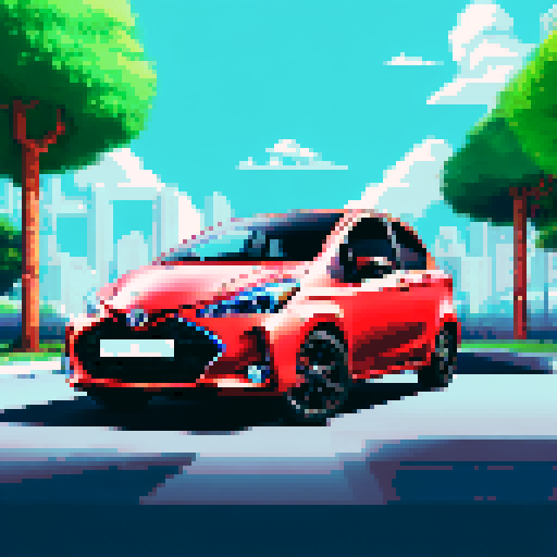 Photorealistic whole Toyota Yaris, centered, three-quarter view, right front wheel, clean background, realistic colors, pixel art style
