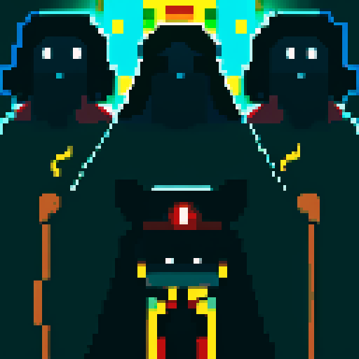 three men, archmage and his apprentices , magic staff, light at the archmage, dark place, king with staff, cant see eyes, eyes darken