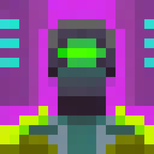 "Neon-haired cyberpunk hacker, illuminated by the flickering computer screen, gazes intently with glitchy eyes, surrounded by an array of tech gadgets and wires, all captured in a retro 16x16 pixel portrait style."