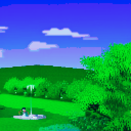 Park area, green grass, fountain