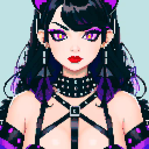 curvy, cute goth cat girl face, black hair, purple eyeshadow, red lipstick, studded leather, face portrait, glamour shot, vibrant sRGB colors, pixel art