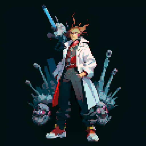 full-body image mad scientist facing left, standing on robot