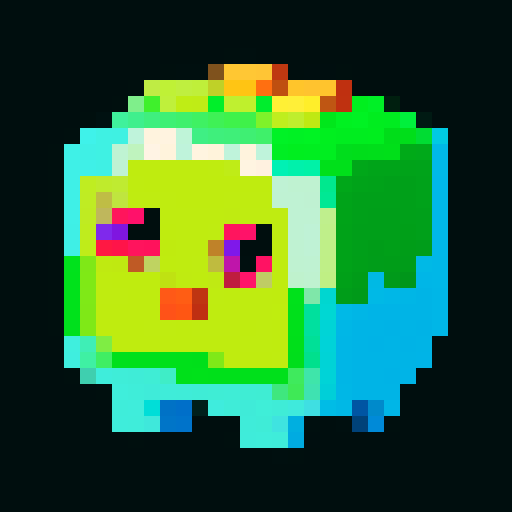 basic tiny slime, vibrant colors, blocky pixels, glossy texture, glowing eyes, transparent body, shimmering highlights, simplistic design, retro video game vibes, limited color palette