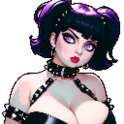 curvy, busty cute goth babe with studded collar, big titty goth wearing halter top, close up turned head glamour shot, pixel art, sRGB
