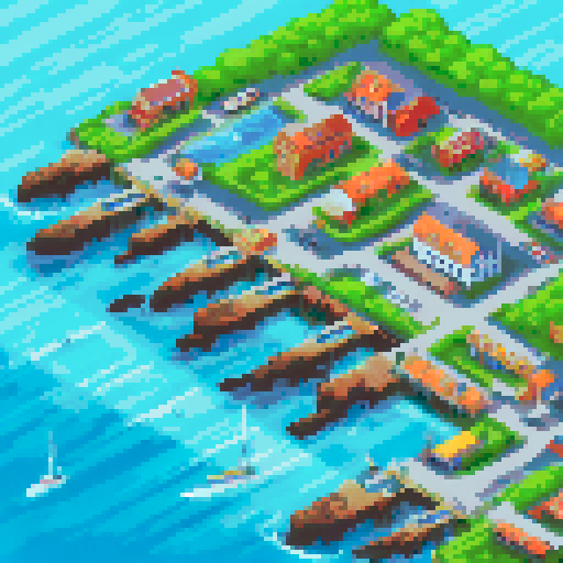 Island port town, have the whole town visable in the image. make it usebale as a tile set for my rpg game. make sure its a lively city. Give it a medival setting. Not rich medival or poor but middle class.