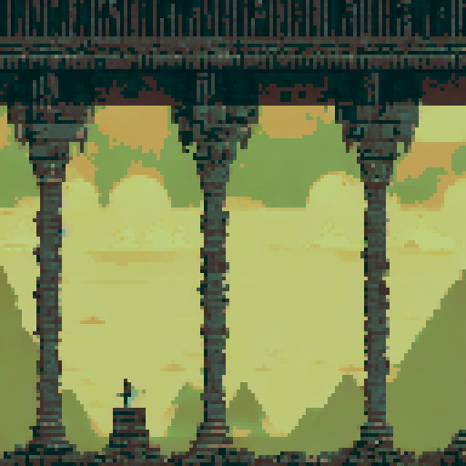 lovecraftian egyptian temple, towering, ancient, ominous, surrounded by mist, dark sky, eerie moonlight, intricate hieroglyphics, eldritch symbols, tentacle-like carvings, foreboding shadows, jagged architecture, otherworldly atmosphere, surreal landscape, in sRGB pixel art