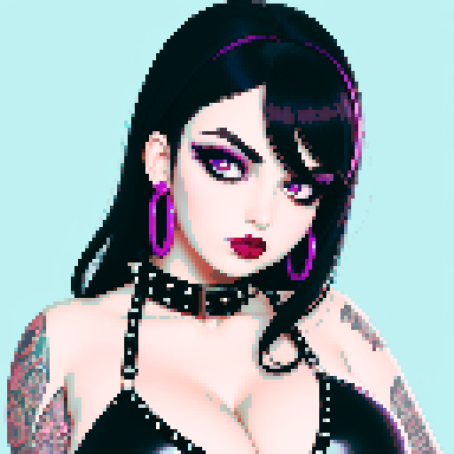 curvy, sweet goth girl with black hair, purple eyeshadow, and red lipstick, wearing a bikini, studded collar, in a glamour shot, sRGB color