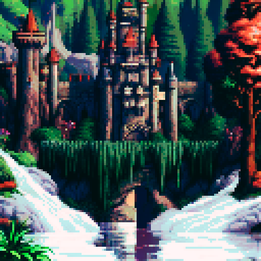 A majestic castle with tall turrets and a moat, surrounded by lush green trees and a sparkling river, all depicted in vibrant, retro pixel art reminiscent of classic RPG games