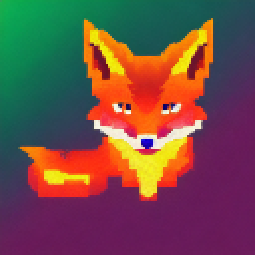 "Pixelated Flame Fox with rainbow hues, fiery aura, and piercing eyes depicted in a 16x16 pixelated portrait."