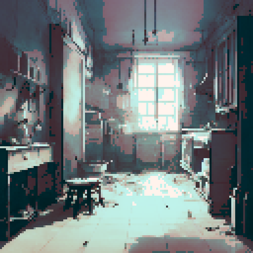 Cobweb-covered furniture, broken glass windows, and flickering light bulbs illuminate the eerie and haunting atmosphere of the abandoned building interior