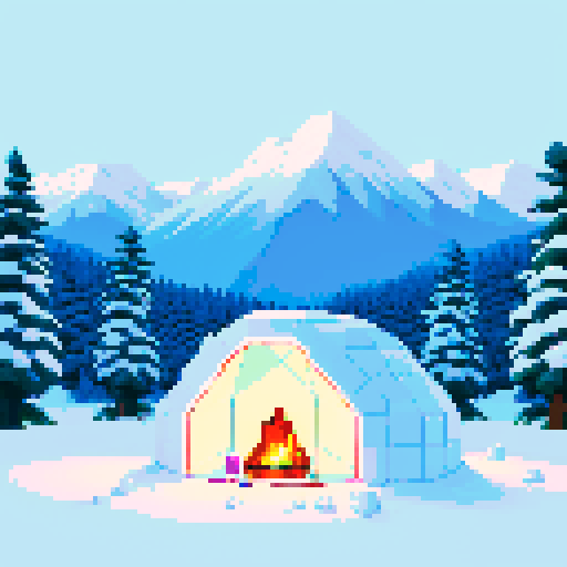 snowy mountain range, igloo, campsite, cold, pixel art, sRGB, winter christmas themed