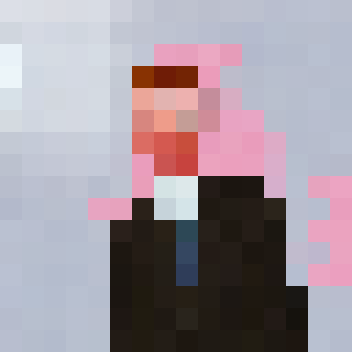 Rick Astley's beaming smile and tousled hair framed by vibrant, neon pink and blue pixels, resembling a 16x16 game icon in a retro pixel art style