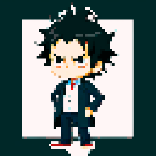 tired-looking, mad scientist with unkempt black hair and bags under his eyes, wearing a lab coat, in cute chibi style pixel art with sRGB color profile