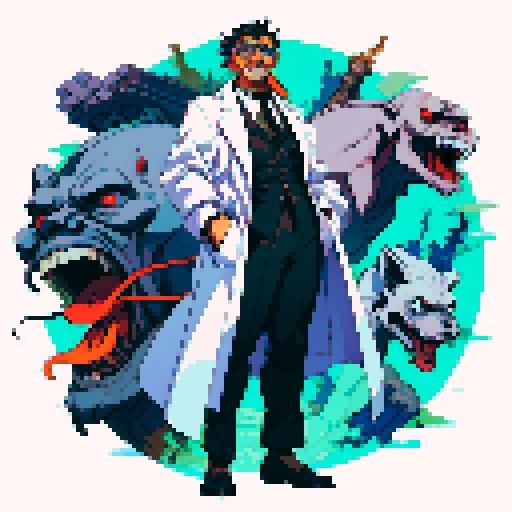 male mad scientist facing left, white mustache, lab coat, goggles, full-body image, pixel art, sRGB